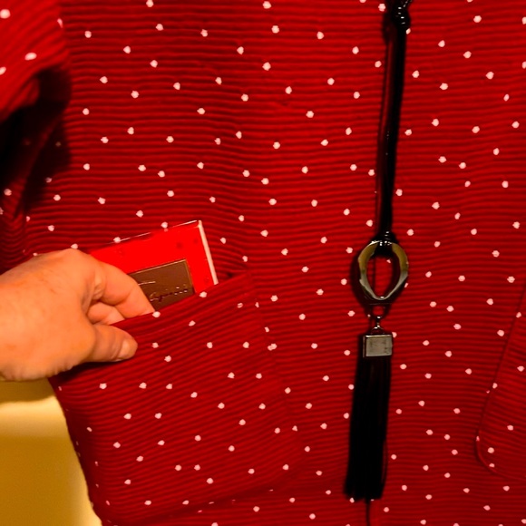 M Polka Dot Red top with Black Built in Necklace 2Front Pockets Two-Third Sleeve - Picture 4 of 12